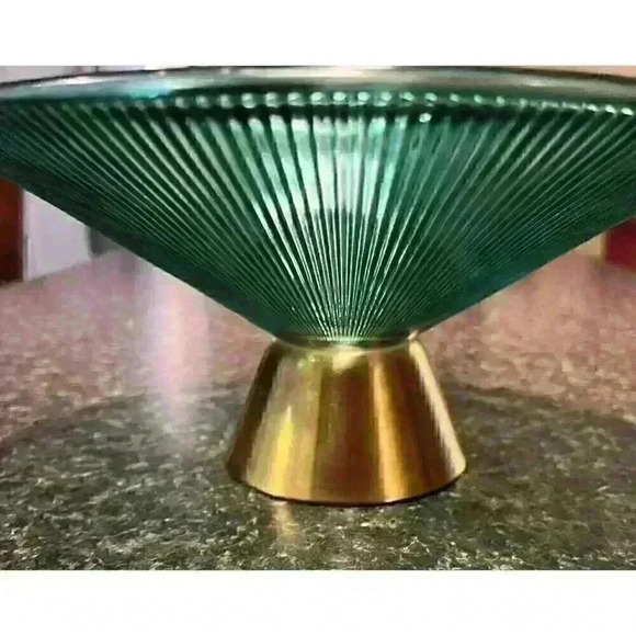 Teal Glass Fruit Bowl Gold Base Tall Candy Fruit Tray 10" Diameter 4.5" Tall - Picture 4 of 7